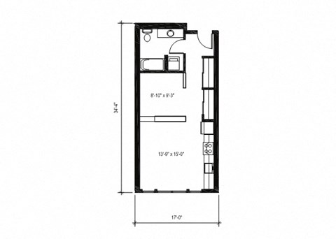 Floor plan for studio, 1 bath, 535 sqft